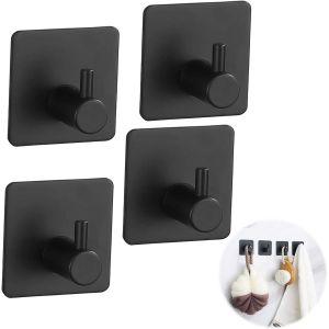 Crochet Adhesif Mural Noir 4 Pi&egrave;ces,Suspension Stable,Sans Per&ccedil;age,Porte Serviette Salle De Bain,Accroche Torchon Cuisine,Porte Manteau Adh&eacute;sif,Etanche,Antirouille,Noir - Neuf