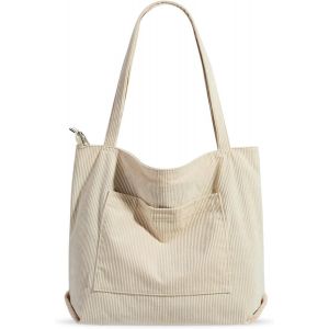 RFCBC-Tote Bag Sac Fourre Tout Femme Sac Cabas Femme en Velours Côtelé Sac Bandouliere Grand Sac a Main Femme Sac Cours Sacs de Courses Sac Tissu avec Fermeture Éclair et Poches - Neuf