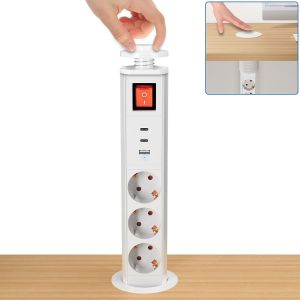 Prise de Table Encastrable 3 Ports avec Interrupteur, Prise Encastr&eacute;e avec PD 20W 2&times;USB-C et 1 USB-A, Prise R&eacute;tractable pour Plan de Travail de Cuisine, 4000W/16A, C&acirc;ble de 1,8M, Blanc - Neuf