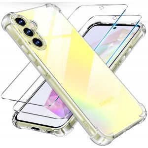 CAUC-3 en 1 Verre Tremp&eacute; et Coque pour Samsung Galaxy A35 5G, [Coussin d'air Int&eacute;gr&eacute;] Anti-Jaunissement Souple TPU Bumper Coque Protection pour a35 Samsung, Transparente - Neuf