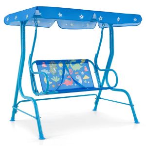 Balan&ccedil;oire Pour Enfants 112 X 76,5 X 111 Cm Avec Canop&eacute;e Ajustable, S&eacute;curit&eacute; Maximale Et Design Avec Motifs Dinosaure En M&eacute;tal Bleu Helloshop26 20_0010526 - Neuf