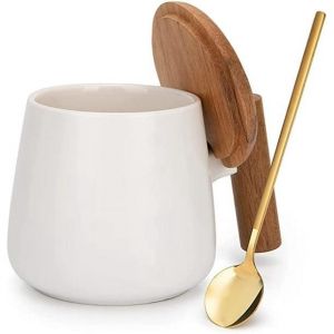 Mug En C&eacute;ramique, Tasse &Agrave; Th&eacute; Pour Le Bureau Et La Maison, Tasse &Agrave; Caf&eacute; De 414 Ml Avec Couvercle En Bois Et Cuill&egrave;re &Agrave; Caf&eacute; Dor&eacute;e (Blanche) - Neuf