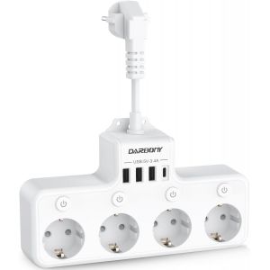 Multiprise avec USB C,Multiprise 4 Prises avec Interrupteur Individuels,Protection Contre Les Surtensions,4000W 16 A,Multiprise avec 3 USB A,Prise Multiple pour Bureau,Voyage,Câble Court,Blanc - Neuf