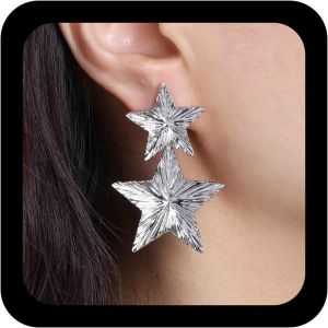 Kal-Boucles D'oreilles Boho &Eacute;toile Martel&eacute;e Boucles D'oreilles Vintage &Eacute;toile Pendante Boucles D'oreilles Argent Double Coeur Boucles D'oreilles &Eacute;toile Exag&eacute;r&eacute;e Bijoux Pour Femmes - Neuf