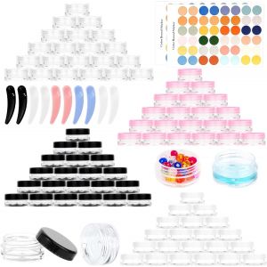 100 Pcs 3g/3ml Contenants Cosmétiques Transparent avec 10 Spatule & 96 Autocollants,Pots Cosmétiques en Plastique,Mini Pots Ronds Clairs Vides Pots d'échantillons de Voyage pour Lotion,Crème - Neuf