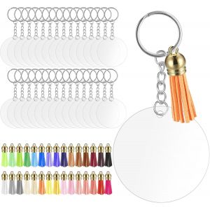 KALANKA-30 Pcs Porte Clef Personnalisable, Porte-cl&eacute;s Disque en Acrylique, 30 Anneaux Porte Clef et 30 Pendentifs &agrave; Pompons, Cercle Pendentifs Ronde Transparent pour Fabrication de Porte-cl&eacute;s DIY - Neuf