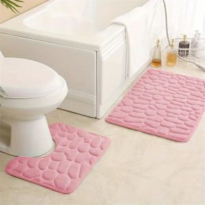 Kal-Tapis De Bain Ensemble Lot De 3 Tapis De Salle De Bain Solides Tapis De Toilette Absorbants En Polaire Corail Doux Antidérapant Rose 50 * 80cm+U50*40cm - Neuf