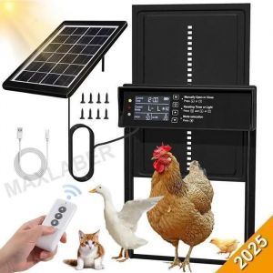 Porte Automatique Poulailler Solaire - Étanche Ipx6 - Minuterie D'ouverture - Télécommande Sans Fil - 328x244mm - Neuf