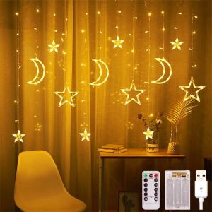 Rideau Lumineux Ramadan, 3,5M Guirlande Lumineuse Étoile Lune Décoration Fenêtre, IP44 Intérieur 8 Mode Rideau Lumières pour Fenêtre Soirée Fête - Neuf