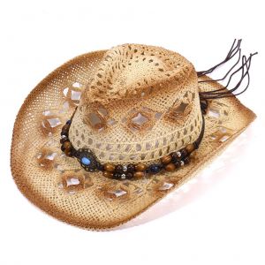 Chapeau De Cowboy En Paille Pour Hommes Et Femmes, Chapeau De Soleil Creux Et Respirant à Large Bord Avec Bande De Garniture En Perles, Style Occidental Pour Les Voyages En Plein Air, La Plage - Neuf