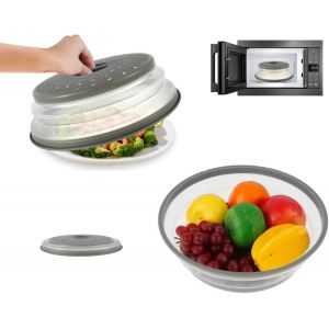 Lot de 2 couvercles pliables pour micro-ondes-26,5 cm-Avec trous de vapeur-Pour micro-ondes-Empêche les éclaboussures-Gris - Neuf