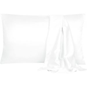 Lot De 2 Taies D'oreiller En Satin De Soie Pour Cheveux Et Peau, Taies D'oreiller Avec Fermeture &Agrave; Rabat Blanc Neige 50 X 65 Cm - Neuf