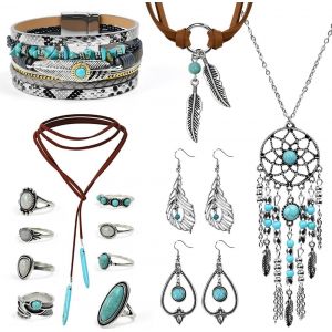 14 Pcs Bijoux Boh&egrave;me Turquoise, Bijoux Occidentaux Pour Femmes Vert, Collier Pendentif Turquoise + Boucles D'oreilles Chic + Bagues Vintage + Bracelet Boh&egrave;me, Pour Voyage Photographie Cowgirl - Neuf