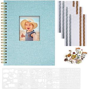 Album Photo Scrapbooking,28,5 x 20,5 cm Album Photo en Lin avec 40 Pages Papier Kraft Blanc Vierge,Kit de Fournitures de Scrapbooking DIY pour Couple B&eacute;b&eacute; Famille Mariage,Bleu Clair - Neuf
