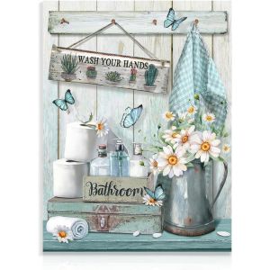 ERYI-Décoration Murale De Salle De Bain Farmhouse, Tableau Rustique Fleur Et Papillon Sarcelle, Panneau Lave-Toi Les Mains Pour Salle De Bain 30X40 Cm Sans Cadre - Neuf