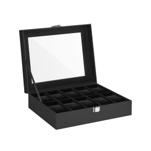 Bo&icirc;te &Agrave; 10 Emplacements &Agrave; Montres Couvercle En Verre Rev&ecirc;tement Noir - Neuf