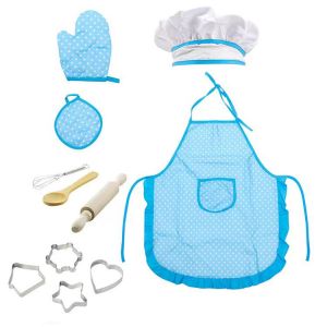 Ensemble De 11 Tabliers De Cuisine Réglables Pour Enfants (Bleu) Avec Toque De Chef, Gants De Cuisine Pour Enfants Et Tapis Résistant À La Chaleur Pour Garçons Et Filles De 3 À 8 Ans - Neuf