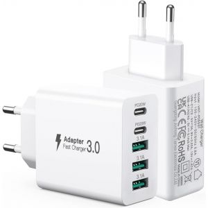 ERYI-[Lot de 2] Chargeur USB C 50 W, 5 Ports Chargeur Multiple ¿2 USBC et 3 USBA¿ Bloc d'alimentation USB, Adaptateur Secteur Fas[71] - Neuf