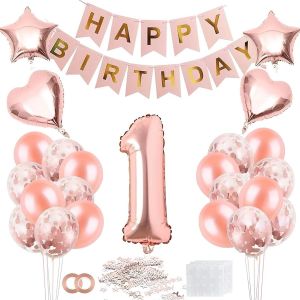 KALANKA-Fille d'anniversaire de 1 An, Ballons Anniversaire 1 An or Rose, Décoration d'anniversaire Fille, 1er Anniversaire Fille Ballon avec Ballon Coeur étoile, d'anniversaire Décoration pour Enfant - Neuf