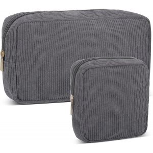 MAA-2 Pièces Trousse de Toilette en Velours Côtelé, Trousse de Maquillage, Trousse Cosmétique de Voyage Multifonctionnelle, Sac de Toilette pour Femmes Fille (Noir Gris) - Neuf
