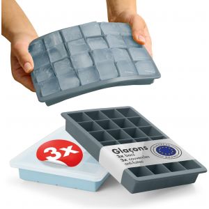 Tianyi-Lot De 3 Bacs À Glaçons En Silicone - 24 Bacs À Glaçons Avec Couvercle - Bac À Glaçons En Silicone Sans Bpa - Qualité Alimentaire - Gris Bleu + Gris Bleu + Bleu Clair - Neuf