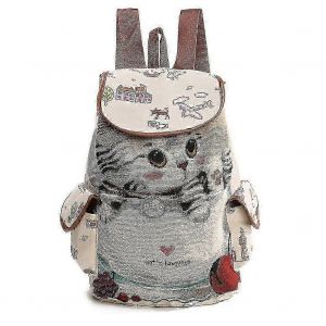 Sac &agrave; dos en toile pour femme, motif chat, sac d'&eacute;cole avec poches, style vintage d&eacute;contract&eacute;, id&eacute;al pour les voyages. - Neuf