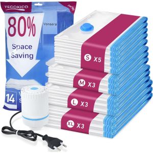 SJZG-Sac Sous Vide Vetements Avec Pompe, 8 Sacs Rangement Sous Vide Aspirateur (2X 40X60Cm, 2X 50X70Cm, 2X 60X80Cm, 2X 80X100Cm), Id&eacute;al Pour Rangement V&ecirc;tements Et Voyages (8) - Neuf