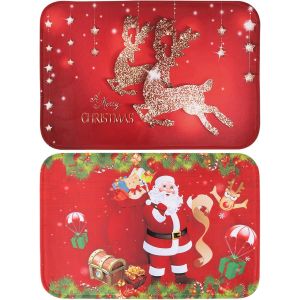 2pcs Tapis De No&euml;l Paillassons Tapis De Passage Antid&eacute;rapante Carpettes Pour Salon Bain Cuisine D&eacute;coration Maison Chambre (P&egrave;re No&euml;l + Renne) - Neuf