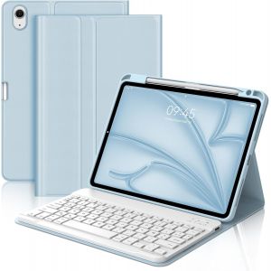 Coque Clavier pour iPad Air 11 Pouces (M3 2025, M2 2024), AZERTY Fran&ccedil;ais Housse Clavier Bluetooth Magn&eacute;tique D&eacute;tachable avec Porte Crayon pour Tablette iPad Air 10.9"" (5e/4e G&eacute;n&eacute;ration), Bleu Ciel - Neuf
