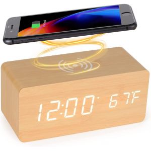 KALANKA-R&eacute;veil num&eacute;rique en Bois avec Chargeur a Induction, Chargeur Rapide 5 W pour iPhone/Samsung Galaxy, Commande vocale r&eacute;veil sans tic tac, pour Chambre &agrave; Coucher, Maison et Bureau (Bambou) - Neuf