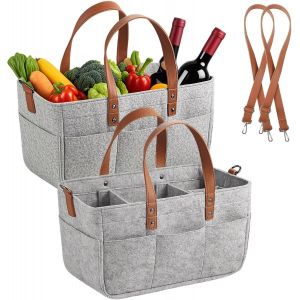 Lot de 2 sacs à provisions en feutre de 16 l-Avec compartiments-Pliable-Robuste-Pour les excursions en plein air,pique-nique,shopping-Gris-38 x 23 x 18 cm - Neuf
