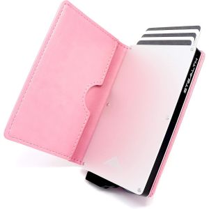 CAUC-- Porte-Cartes Minimaliste - Portefeuilles Pop-up avec Blocage RFID/NFC avec Bo&icirc;te-Cadeau - Porte-Cartes de Cr&eacute;dit en M&eacute;tal L&eacute;ger et Fin et Protection (Argent avec Cuir Rose) - Neuf