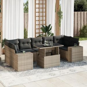 Salon De Jardin 8 Pcs Avec Coussins Gris Résine Tressée - Neuf
