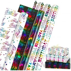 Rouleau De Papier Cadeau D'anniversaire, 3 Rouleaux De Papier Cadeau Coloré Avec Film Métallique, 3 Designs Différents Happy Birthday, Pour Occasions D'anniversaire, 43 Cm X 300 Cm Par Rouleau - Neuf
