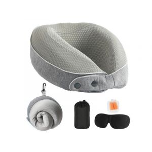 Oreiller de voyage en mousse à mémoire de forme avec masque pour les yeux et bouchons d'oreilles - Gris, 27 x 24 x 10 cm - Neuf