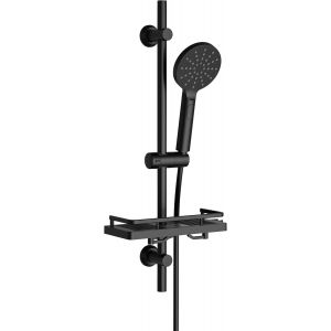 Ensemble Colonne de Douche en Acier inoxydable avec &Eacute;tag&egrave;re de Douche, Barre de Douche 70 cm avec Support de Pommeau de Douche, Douchette avec Tuyau pour Salle de Bain, Ronde, Noir Mat - Neuf