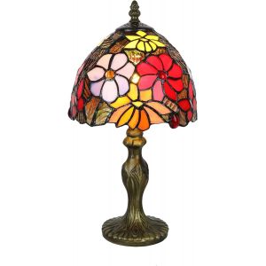 Tiffany Lampe de Table Luxe, Rouge Retro Veilleuse Chambre Chevet, 8 Pouces Abat-jour en Verre Multicolore, Lampe de Table Salon Chambre[Sans Ampoule] - Neuf