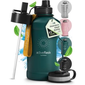 Bemaxx Gourde En Acier Inoxydable Active Flask + Paille (3 Couvercles) | Grande Bouteille De Sport 1,3 Litres Xl Sans Bpa Antifuite Gazéifiée, Pour Les Sportifs & Entrainement En Plein Air - Neuf