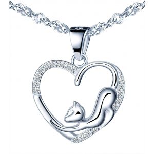 Collier Pendentif Coeur Et Chat En Argent 925 Pour Femme Fille, Incrust&eacute; Des Zircons - Neuf
