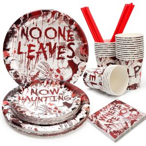 TRAHOO-125 pi&egrave;ces Vaisselle pour f&ecirc;te d'Halloween, assiettes en papier rouges, serviettes, gobelets et pailles, vaisselle jetable pour d&eacute;corations d'Halloween, pour 25 personnes - Neuf