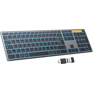 Clavier Sans Fil Métal, Bluetooth 2.4G Rétroéclairé Clavier Rechargeable Avec 2 Canaux Clavier À Ciseaux Azerty Français Ergonomique Silencieux Pour Pc, Windows (Noir) - Neuf