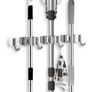 MEVRONISSHOP-Accroche Balai Mural a Visser en Acier Inoxydable, Porte Balais Mural Sans Percage avec 3 Supports et 4 Crochets, Support Balais Mural pour Cuisine, Placard, salle de bain, Garage, Jardi - Neuf