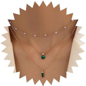Kal-Collier Pendentif Émeraude Vintage Collier Ras De Cou Perle D'or Boucles D'oreilles Cristal Carré Vert Collier Chaîne Satellite Perle Collier Chaîne Émeraude Verte Bijoux Pour Femmes Filles - Neuf