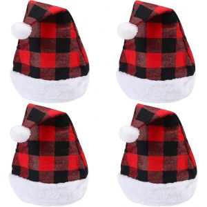 Wabjtam Paquet de 4 Père Noël Chapeau Rouge Noël Plaid Père Noël Peluche Courte Peluche Avec Poignets Blancs Tissu En Peluche - Neuf