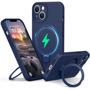 Maa-Liquid Silicone Coque Pour Iphone 13 With Magnetic Ring Stand, Upgraded Camera Protection Mil-Grade Drop Shockproof Soft Anti-Scratch Microfiber Lining Silicone Coque(Bleu Marine) - Neuf