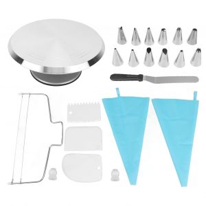 Hjlian Kit De Decoration De Gateaux Avec Plateau Tournant En Alliage D'aluminium, Spatule A Glacage, Sac De Decoration, Tete Decorative En Acier Inoxydable, 22 Pieces De 30 Cm - Neuf
