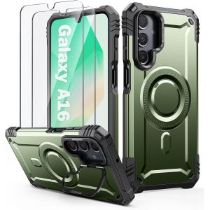 Maa-Coque Pour Samsung A16 5g / 4g Compatible Avec Magsafe, Magnétique Militaire Étui Avec Caméra Béquille Et 2 Pièces Verres Trempés, Robuste Housse De Protection Pour Samsung Galaxy A16, Vert - Neuf