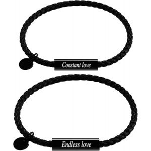 Kal-Cuir V&eacute;ritable Cordon Boucle Magn&eacute;tique Couple Bracelet Noir Acier Inoxydable Amiti&eacute; Dipl&ocirc;m&eacute; Couple Bracelet Ensemble Bijoux Hypoallerg&eacute;nique, Acier Inoxydable - Neuf