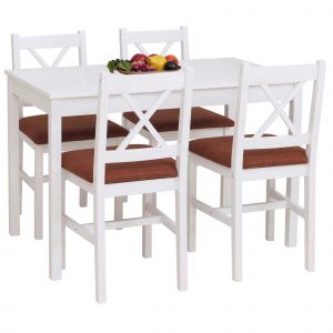 Ensemble de salle &agrave; manger HWC-F77, ensemble de salle &agrave; manger, bois massif de pin, tissu style maison de campagne 110 cmblanc, rembourrage terre cuite - Neuf