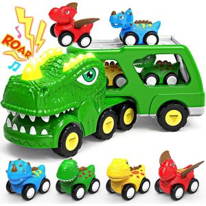 KAJGL-Camion Dinosaure Jouet Pour Enfant De 3 4 5 Ans,5 En 1 T-Rex Camion Transporteur Voiture Avec Lumières Et Sons,Jeux Pour Garcon Fille 3 À 5 Ans,Cadeau Noel Enfant De 3-5 Ans(Vert) - Neuf